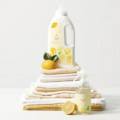 Thymes Lemon Leaf Concentrated Laundry Detergent on stacked linen